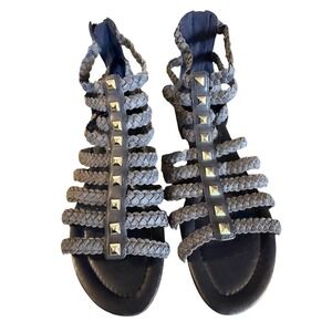 Marc Fisher Navy Blue Braided Studded Gladiator Sandals Flat Back Zip Womens 8M
